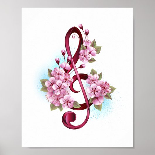 Poster Notes de clé de sol musicales avec fleurs de Sakur (Devant)