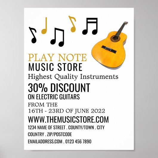 Poster Notes de guitare, boutique d'instruments de musiqu (Devant)