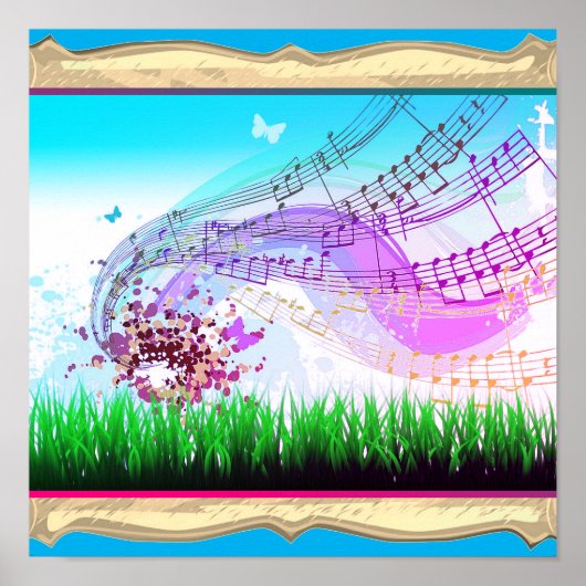 Poster Notes de musique avec papillons (Devant)