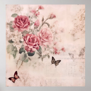Poster Notes de musique et de Roses vintages Floral franç