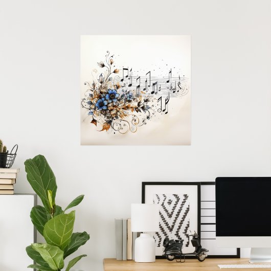 Poster Notes de musique Vins Brown bleus Fleurs (Bureau à domicile)