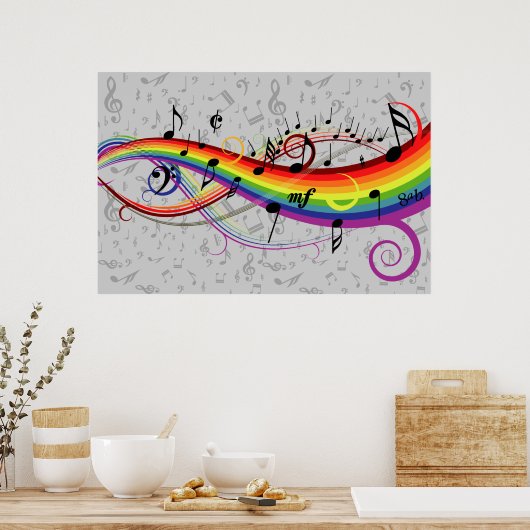 Poster Notes musicales en noir et gris arc-en-ciel (Cuisine)