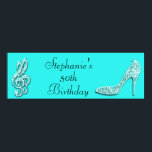 Poster Notes musicales turquoises et Stiletto 50e anniver<br><div class="desc">Bannière personnalisée et élégante de la fête du 50e anniversaire pour les femmes et les filles. Belles bannières turquoises pour filles et femmes cinquantième / cinquante ans / 50 ans anniversaire avec une image glamour strass / diamants parties scintillant, paillettes, bijoux brillant talon haute chaussure stiletto, et notes de musique...</div>