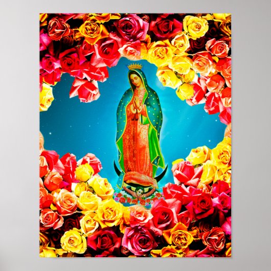 Poster Notre-Dame de Guadalupe Entourée de couleurs Roses (Devant)