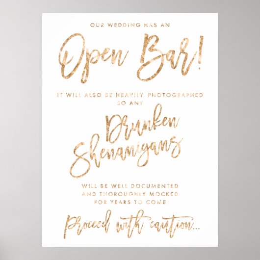 Poster Notre Mariage A Un Open Bar Sign Gold Foil Effet (Devant)
