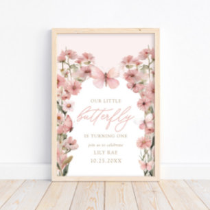 Poster Notre petit papillon rose filles 1er anniversaire
