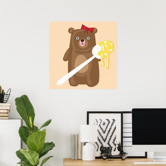 Poster Nounours adorable avec cuillère et noeud rouge (Bureau à domicile)