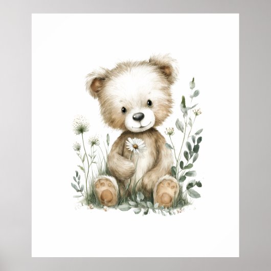 Poster Nounours mignon à l'aquarelle avec fleurs sauvages (Devant)