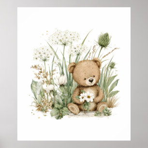 Poster Nounours mignon à l'aquarelle avec fleurs sauvages