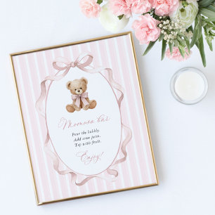 Poster Nounours, Nœud Rose, Rayures Roses, Bar Momosa
