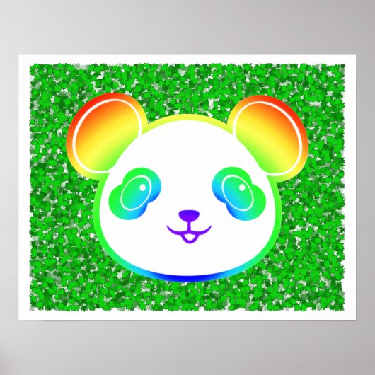 Poster Nounours Panda Arc-en-ciel Mignon sur Fond de Feui (Devant)