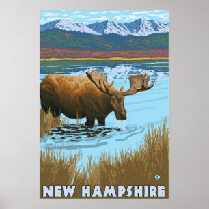 Poster Nouveau HampshireMoose buvant dans le lac