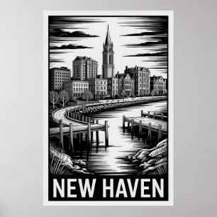 Poster Nouveau Haven Connecticut Skyline Gravure sur Bois