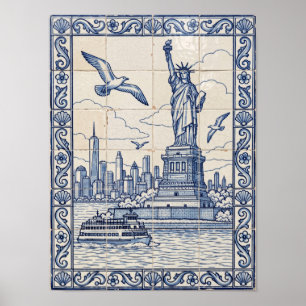 Poster Nouveau panneau d'azulejo portugais bleu de New Yo