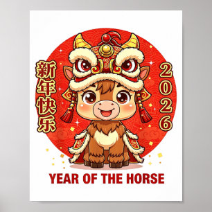 Poster Nouvel An chinois 2026 Année du Cheval Drôle Garço
