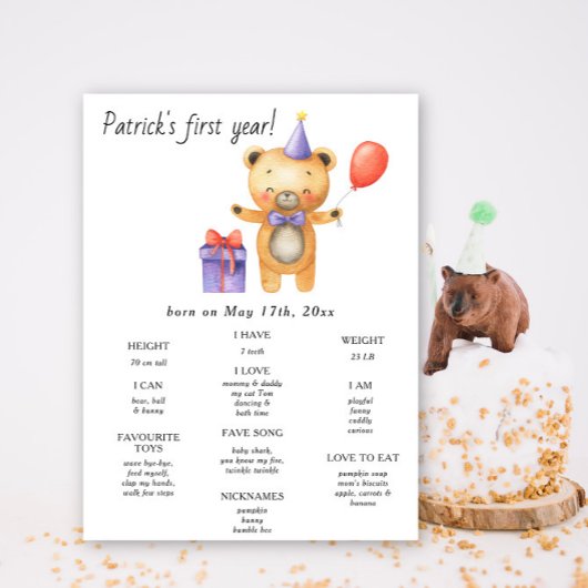 Poster Nouvel anniversaire de la petite ours Jalon Annive