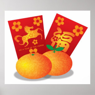 Poster Nouvelle année chinoise des mandarines de cheval