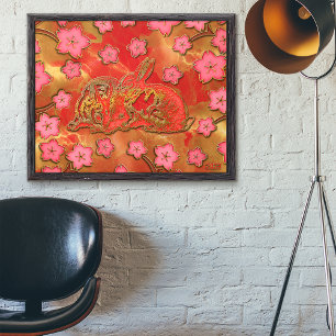 Poster Nouvelle année chinoise Lapin Rouge Cerisier Or