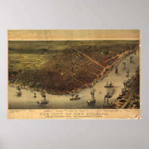 Poster Nouvelle-Orléans Louisana 1885 Antique carte panor
