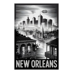 Poster Nouvelle-Orléans Louisiane Skyline Noir Blanc Grav