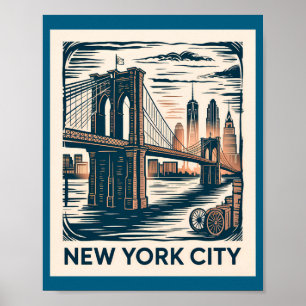 Poster Nouvelle Ville de York Pont de Brooklyn Rétro Gras