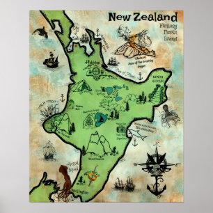 Poster Nouvelle-Zélande Carte des trésors Imaginaire Nort