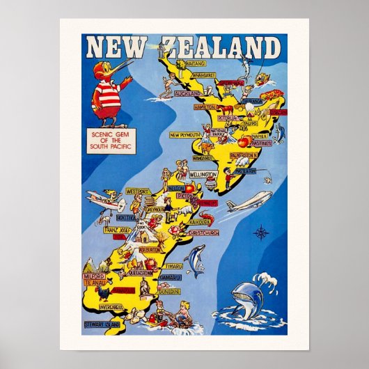Poster Nouvelle-Zélande illustrée de manière colorée (Devant)