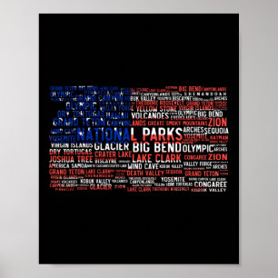 Poster Nuage de mots Liste des parcs nationaux Usa Drapea