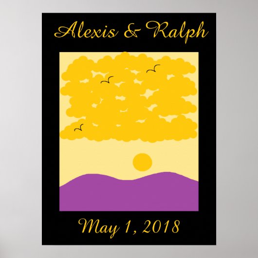 Poster Nuages de coucher de soleil sur les collines viole (Devant)