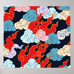Poster Nuages, flammes : Motif Vintage noir.