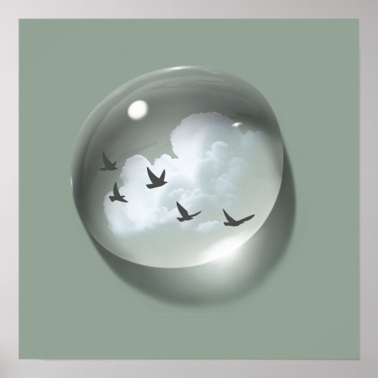 Poster Nuages & Oiseaux Goutte d'Eau Vert Minimal (Devant)