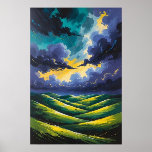 Poster Nuages orageux dramatiques sur des collines vertes (Devant)