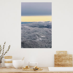 Poster Nuages sombres ciel ensoleillé et forêt enneigée e