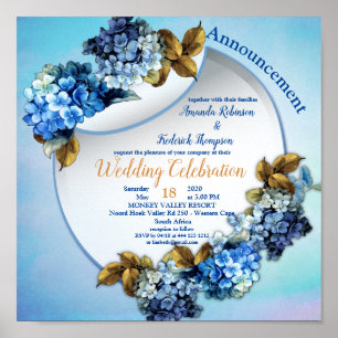 Poster Nuances de bleu aquarelle Hydrangeas Mariage