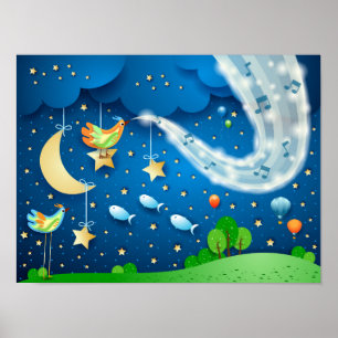 Poster Nuit avec musique et oiseaux