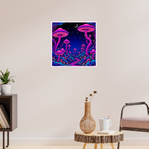 Poster Nuit de forêt de champignons psychédélique