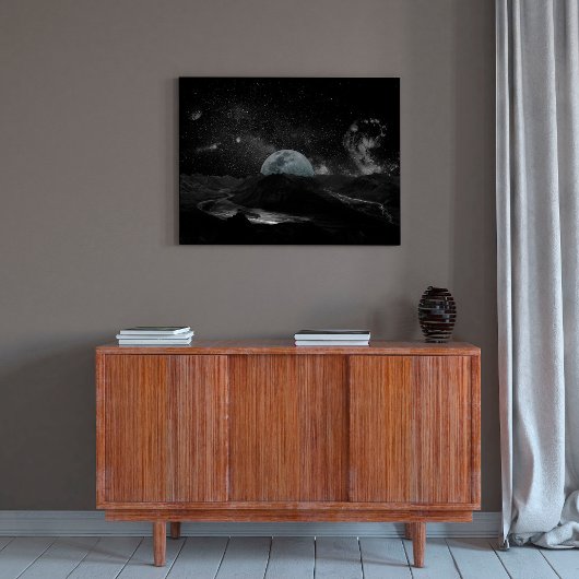 Poster Nuit de Lune Noire et Blanche Sky Mountain Galaxy