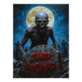 Poster Nuit de pleine lune avec goules zombies dans un ci