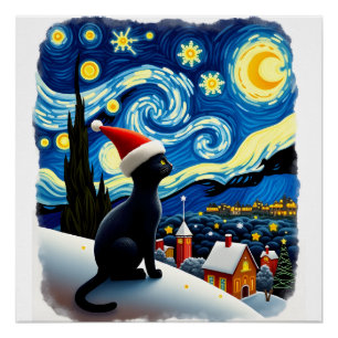 Poster Nuit étoilée Chapeau de Noël de chat noir festif d