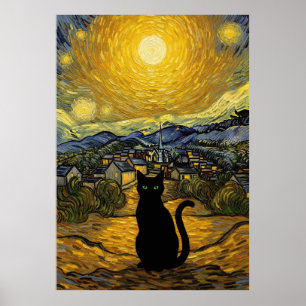 Poster Nuit étoilée Chat Inspiré de Van Gogh Ciel étoilé
