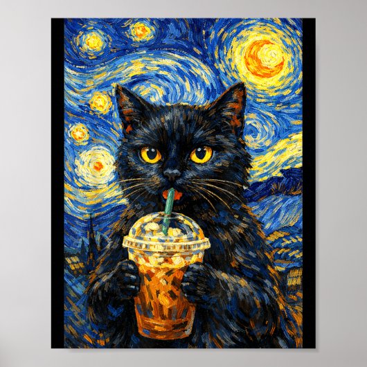 Poster Nuit étoilée chat noir café style van gogh drôle (Devant)