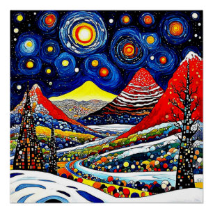 Poster Nuit étoilée sur paysage hivernal