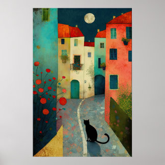 Poster Nuit Lune Colorée : Charmant Chat et Maisons