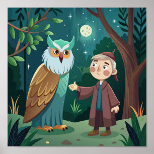 Poster Nuit magique dans la forêt : Boy and Owl