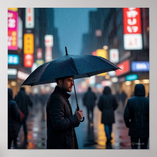 Poster Nuit pluvieuse dans la ville - Solitude urbaine