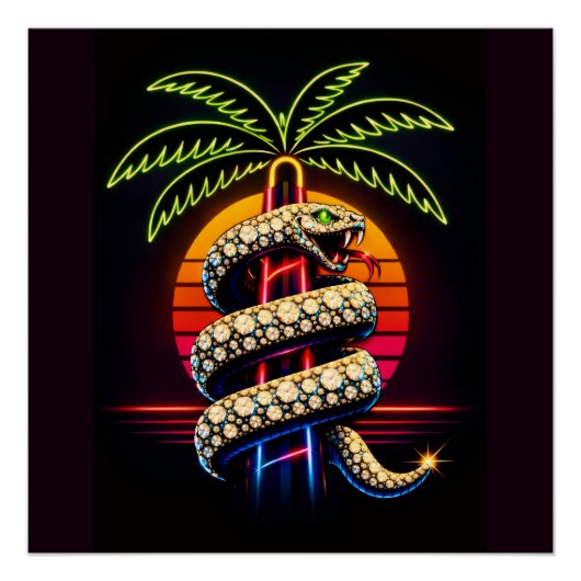 Poster Nuits Néon Illustration Miami Serpent Noir (Devant)