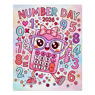 Poster Number Day 2026 Cute Pink Calculator Math Design