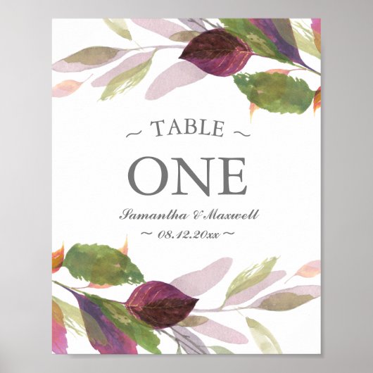 Poster Numéro de Table Aquarelle Feuilles de Foliage d'Au (Devant)