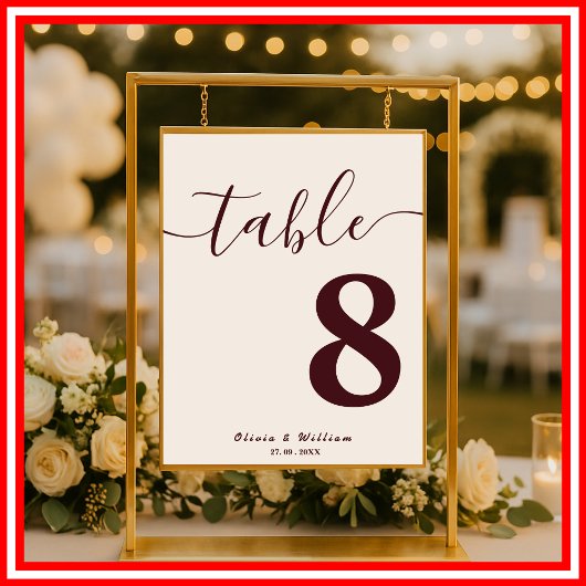 Poster Numéro de table de mariage Bourgogne et ivoire