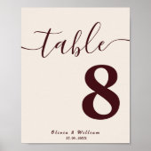 Poster Numéro de table de mariage Bourgogne et ivoire (Devant)